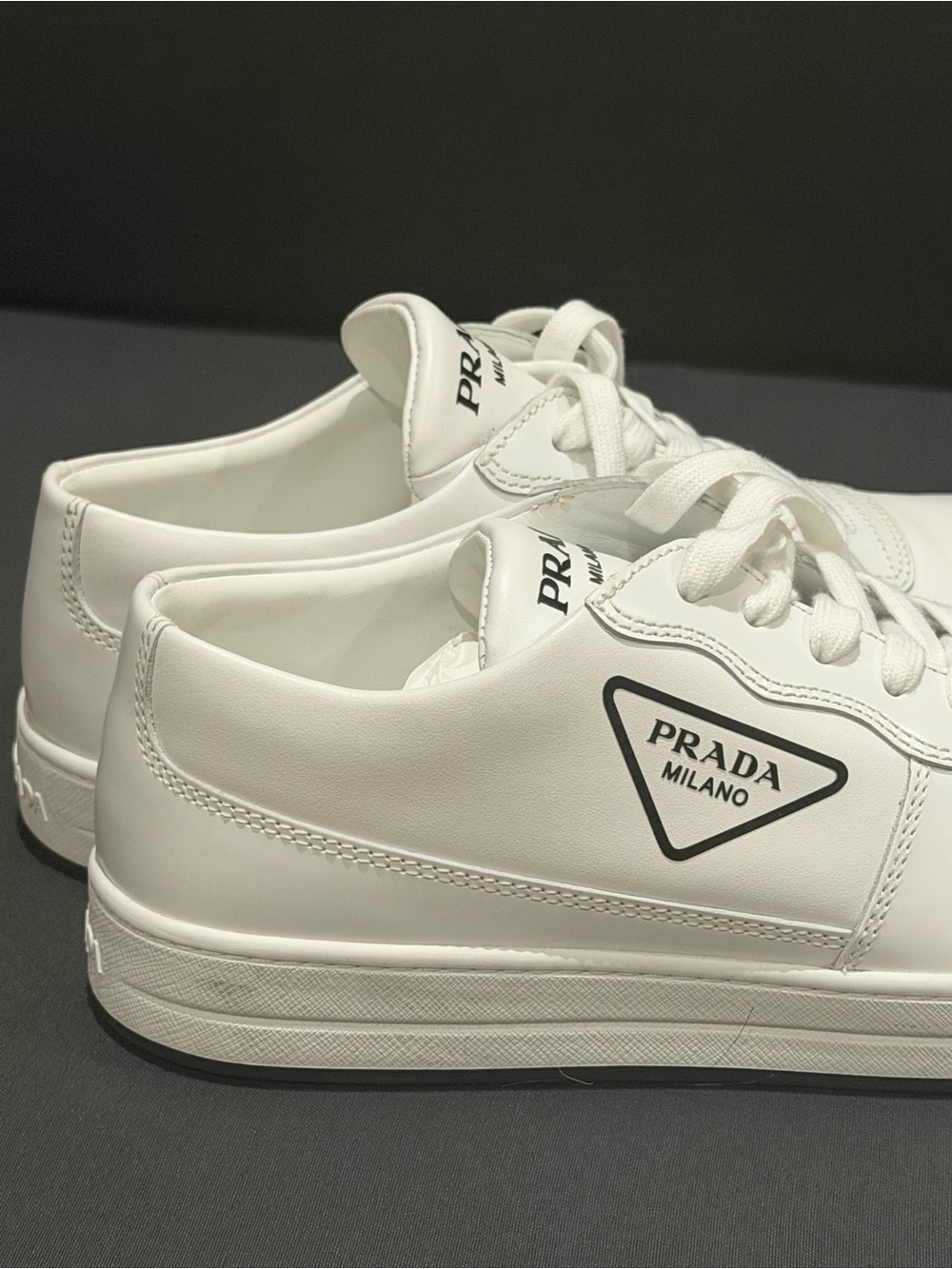 Prada White Leather Low-Top Sneakers with Logo Patch womens sneakers - Picture 7 of 16